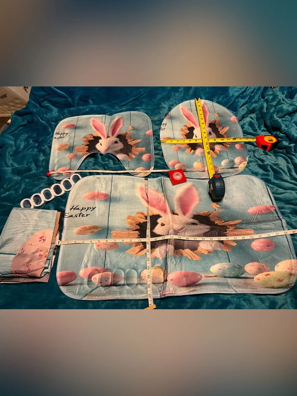 5pc NEW Easter Bunny Bathroom Mat Set Light Blue MATS,SHOWER CURTAIN SEAT COVER